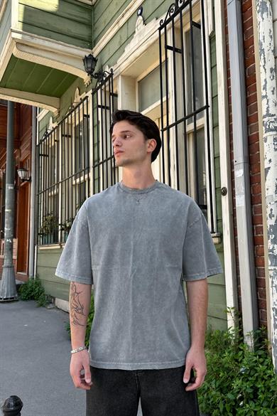 Açık Gri Acid Wash Basic 1Z EE Oversize Tişört