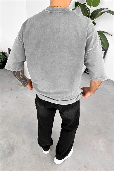 Açık Gri Acid Wash Basic Oversize Tişört