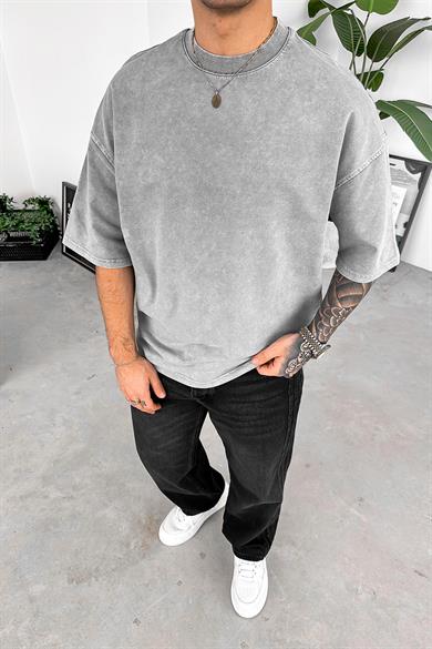 Açık Gri Acid Wash Basic Oversize Tişört