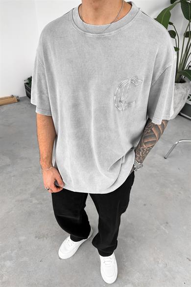 Açık Gri Acid Wash Kabartma Baskılı Oversize Tişört