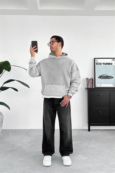 Açık Gri Acid Wash Oversize Sweatshirt