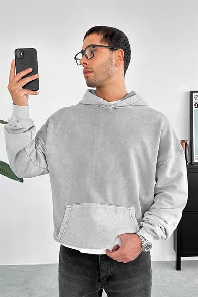 Açık Gri Acid Wash Oversize Sweatshirt