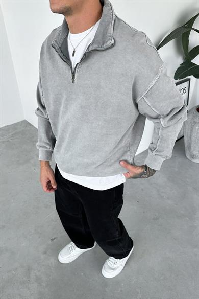 Açık Gri Acid Wash Yarım Fermuar Oversize Sweatshirt
