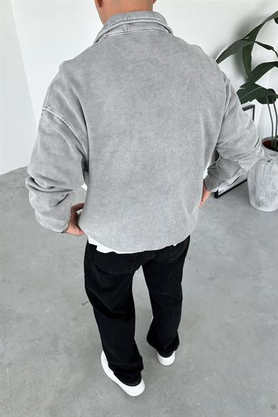 Açık Gri Acid Wash Yarım Fermuar Oversize Sweatshirt