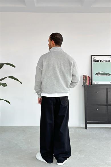 Açık Gri Acid Wash Yarım Fermuar Oversize Sweatshirt
