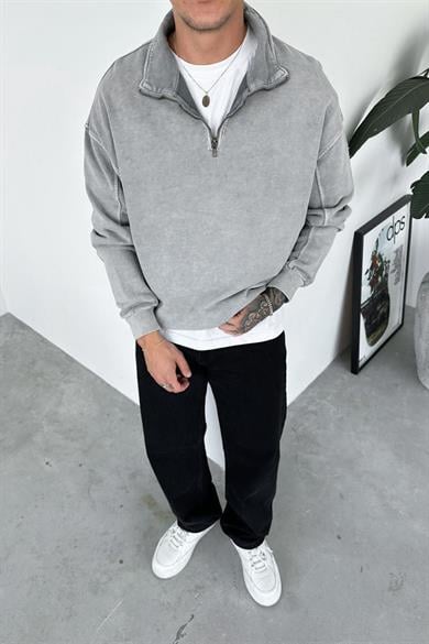 Açık Gri Acid Wash Yarım Fermuar Oversize Sweatshirt