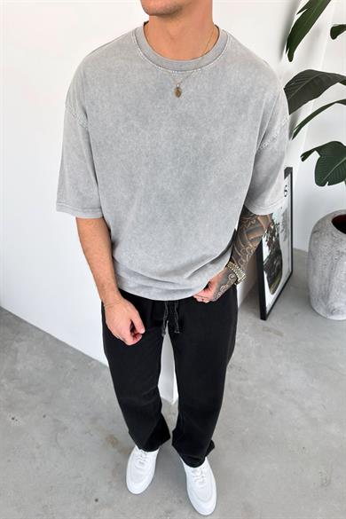 Açık Gri Basic Yıkamalı Oversize Tişört