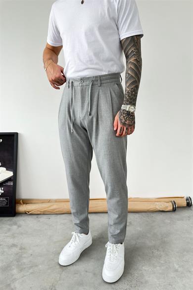 Açık Gri Beli İp Detaylı Regular Fit Kumaş Pantolon