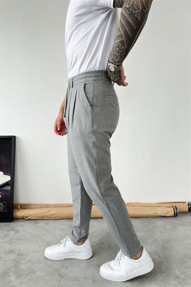 Açık Gri Beli İp Detaylı Regular Fit Kumaş Pantolon