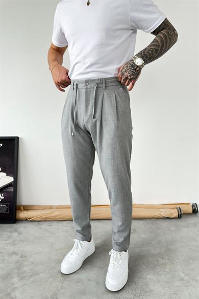 Açık Gri Beli İp Detaylı Regular Fit Kumaş Pantolon