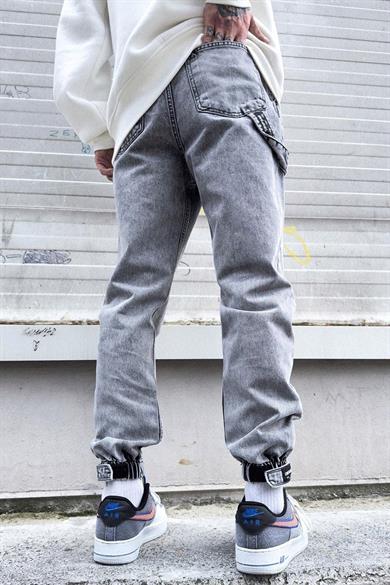Açık Gri Gri Dokulu Kar Yıkama Paça Lastik Detay Boyfriend Jean