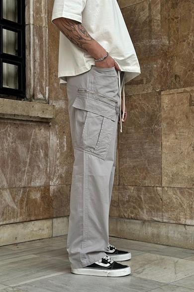Açık Gri Kargo Cepli Tek Fermuarlı Beli İpli CH Baggy Pantolon