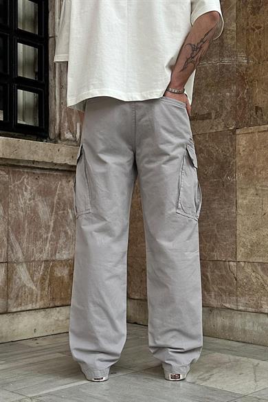 Açık Gri Kargo Cepli Tek Fermuarlı Beli İpli CH Baggy Pantolon
