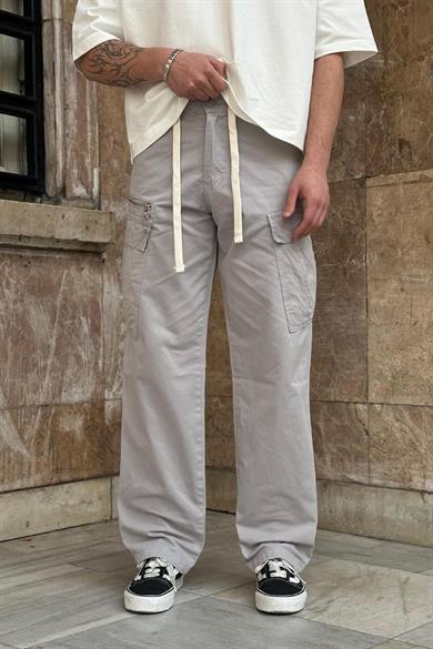 Açık Gri Kargo Cepli Tek Fermuarlı Beli İpli CH Baggy Pantolon