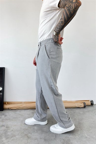 Açık Gri Pileli Baggy Fit Kumaş Pantolon