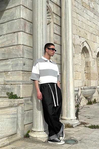 Açık Gri Polo Yaka  Çizgili EE Oversize Tişört