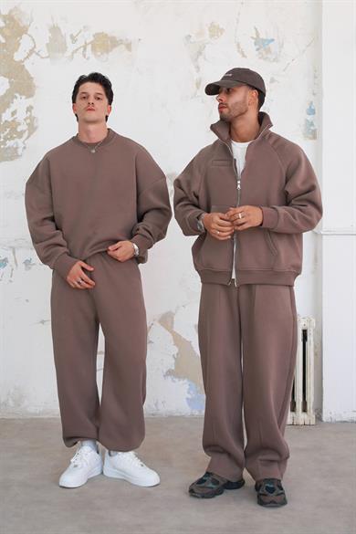 Açık Kahve Cozy Basic Çift Fermuar Oversize Sweatshirt