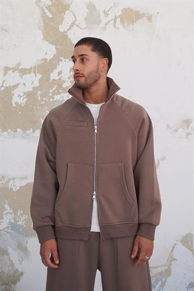 Açık Kahve Cozy Basic Çift Fermuar Oversize Sweatshirt