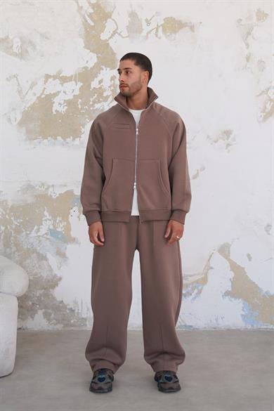 Açık Kahve Cozy Basic Çift Fermuar Oversize Sweatshirt