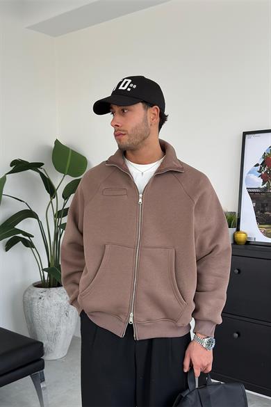 Açık Kahve Cozy Basic Çift Fermuar Oversize Sweatshirt