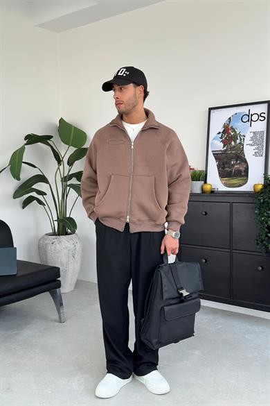 Açık Kahve Cozy Basic Çift Fermuar Oversize Sweatshirt
