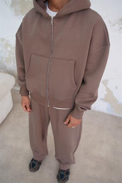 Açık Kahve Cozy Basic Tam Fermuar Oversize Sweatshirt