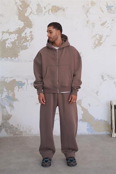 Açık Kahve Cozy Basic Tam Fermuar Oversize Sweatshirt
