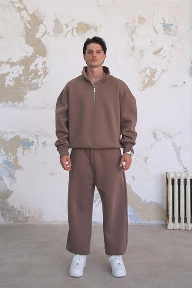 Açık Kahve Cozy Basic Yarım Fermuar Oversize Sweatshirt