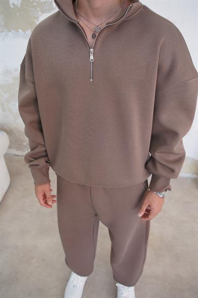 Açık Kahve Cozy Basic Yarım Fermuar Oversize Sweatshirt