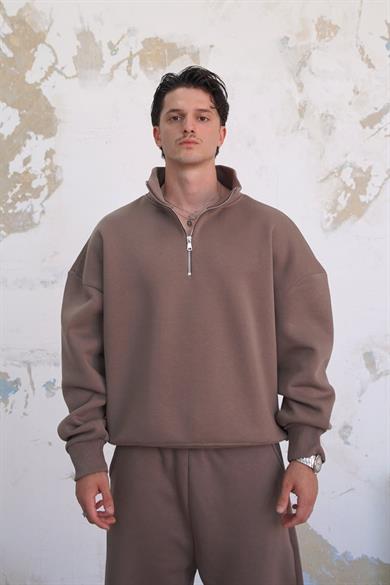 Açık Kahve Cozy Basic Yarım Fermuar Oversize Sweatshirt