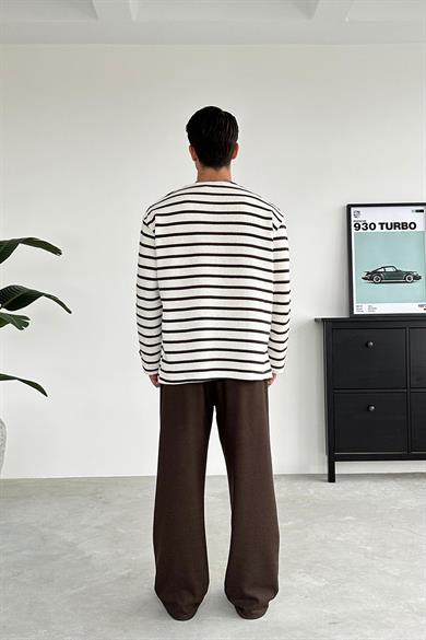 Açık Kahve Örme Çizgi Detaylı Oversize Sweat