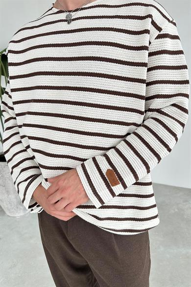 Açık Kahve Örme Çizgi Detaylı Oversize Sweat