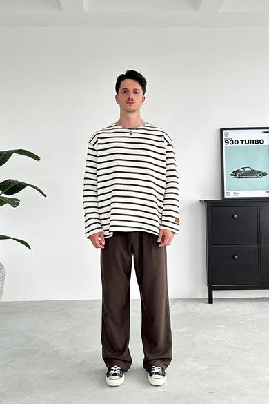 Açık Kahve Örme Çizgi Detaylı Oversize Sweat