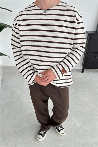 Açık Kahve Örme Çizgi Detaylı Oversize Sweat