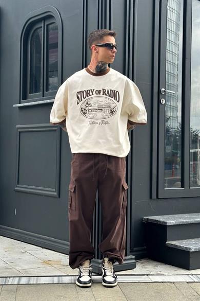 AÇIK Krem Story Radio PM Oversize Tişört
