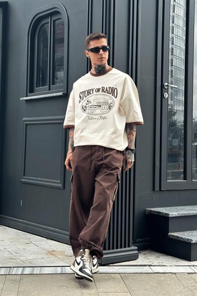 AÇIK Krem Story Radio PM Oversize Tişört