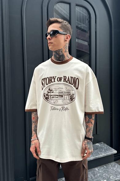 AÇIK Krem Story Radio PM Oversize Tişört