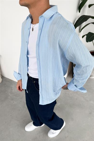 Açık Mavi Çizgili Relaxed Gömlek