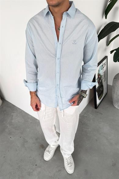 Açık Mavi Nakış Detaylı Çizgili Relaxed Gömlek