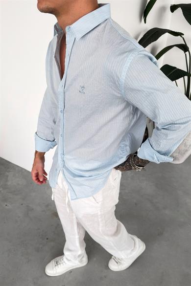 Açık Mavi Nakış Detaylı Çizgili Relaxed Gömlek