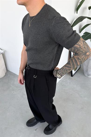 Antrasit Basic Bisiklet Yaka Triko Relaxed Tişört