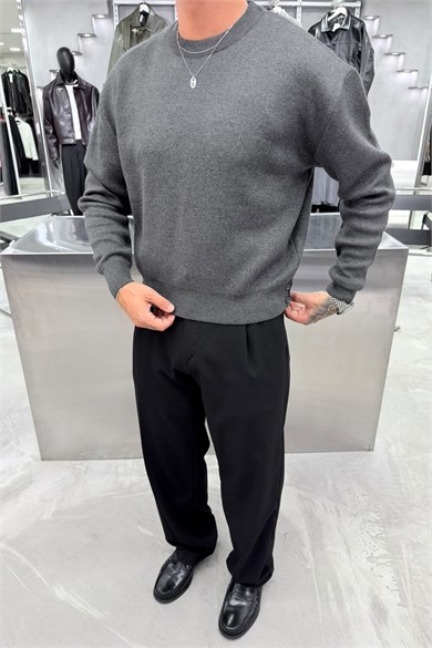 Antrasit Basic Premium Düğme Detaylı Boxy Fit Kazak