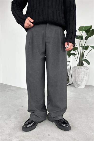 Antrasit Çizgili Beli Lastikli Premium Kumaş Pantolon