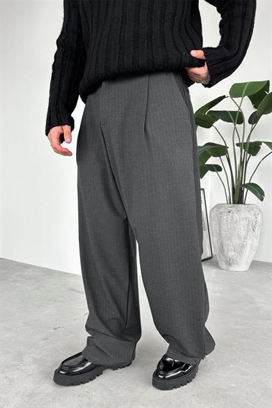 Antrasit Çizgili Beli Lastikli Premium Kumaş Pantolon