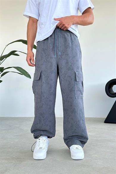Antrasit Desenli Cep Nakış Detay Kargo Baggy Pantolon