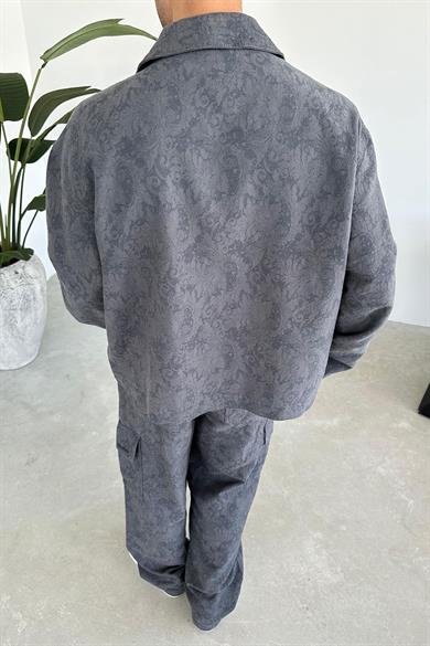 Antrasit Etnik Desenli Premium Oversize Ceket