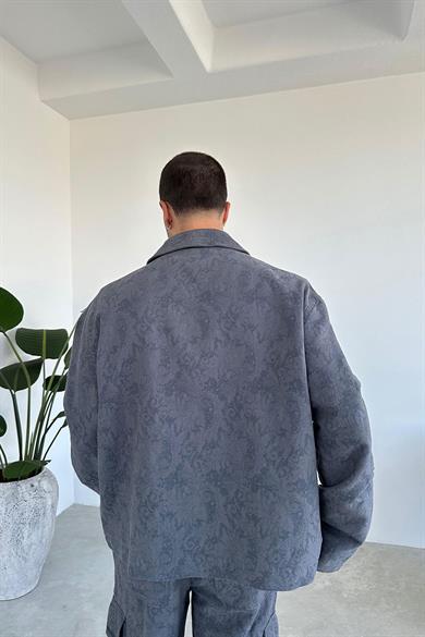 Antrasit Etnik Desenli Premium Oversize Ceket