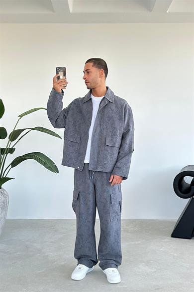 Antrasit Etnik Desenli Premium Oversize Ceket