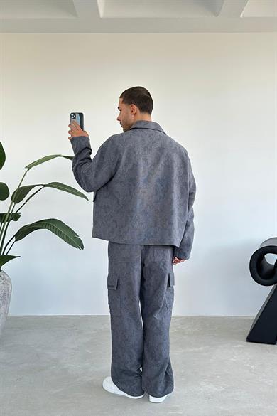 Antrasit Etnik Desenli Premium Oversize Ceket