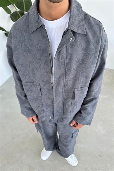Antrasit Etnik Desenli Premium Oversize Ceket